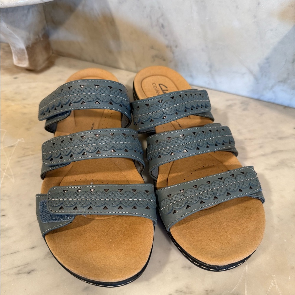 Clarks Blue and Tan Casual Sandals with Perforated Straps